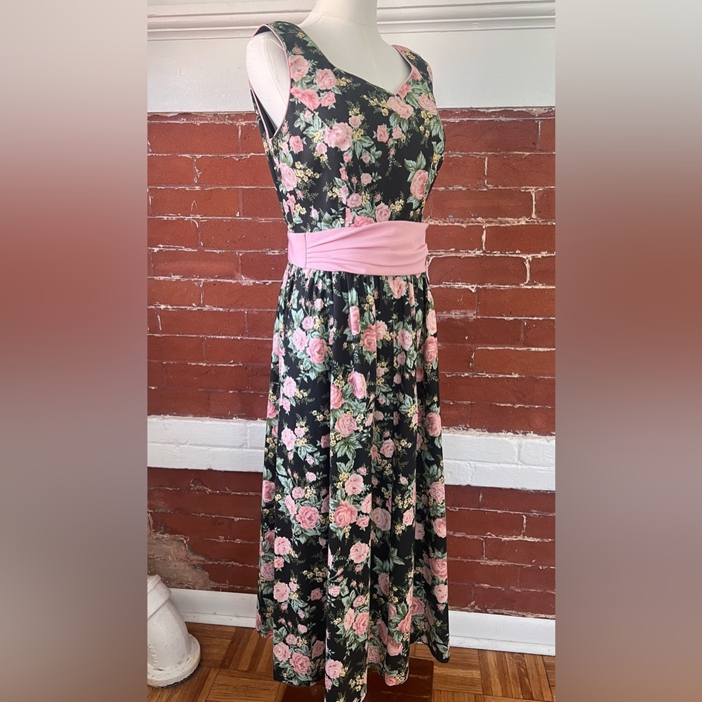 Vintage Lanz  80’s Black and Pink  Floral Midi Dress Sleeveless  Cottagecore - Picture 3 of 16